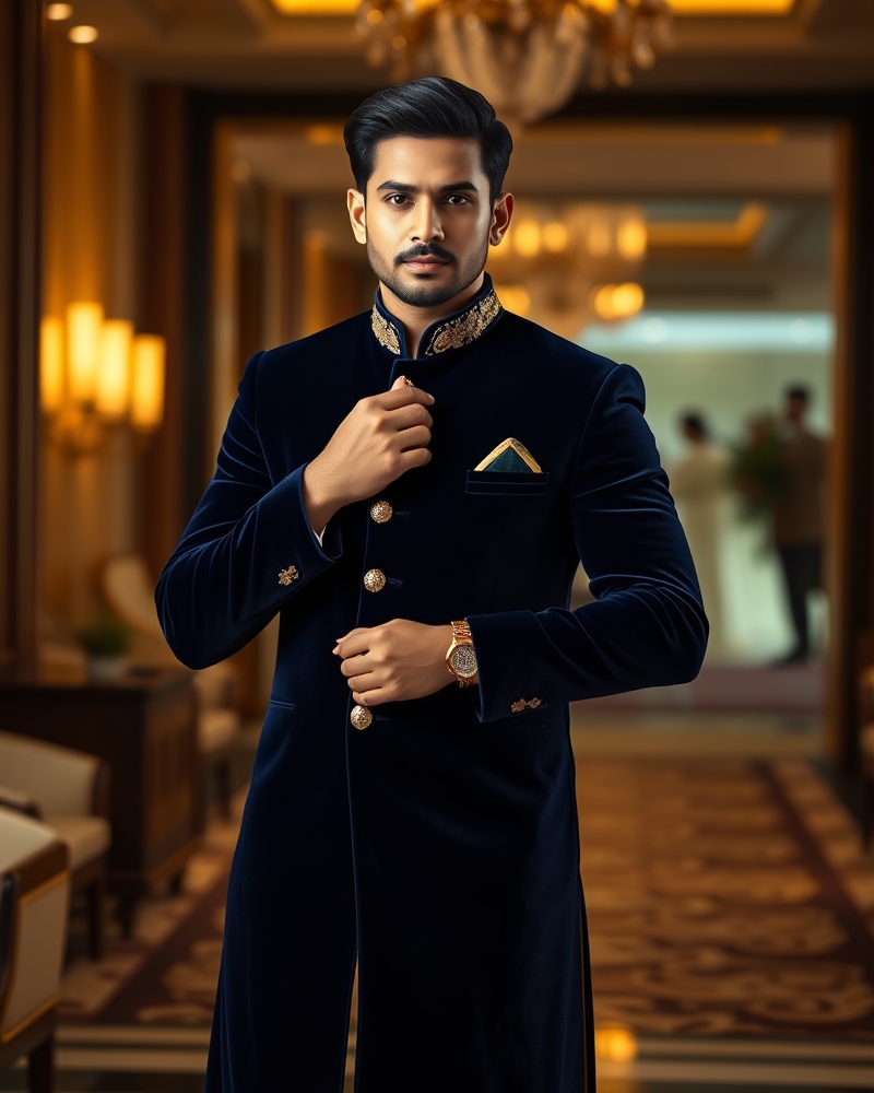 Navy Blue Velvet Sherwani