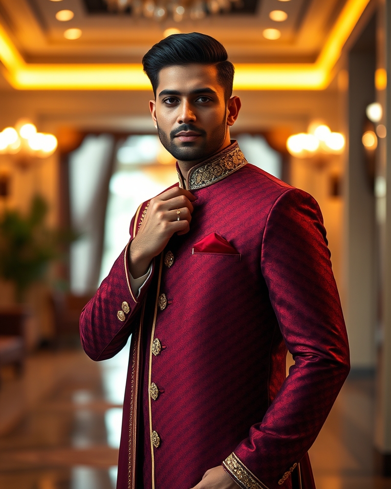 Maroon Brocade Groom Sherwani